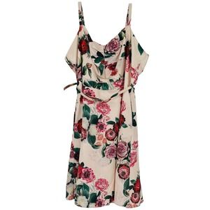 City Chic Floral Fit & Flare Dress Pink Nude Festive Rose Belted Womens Plus 22